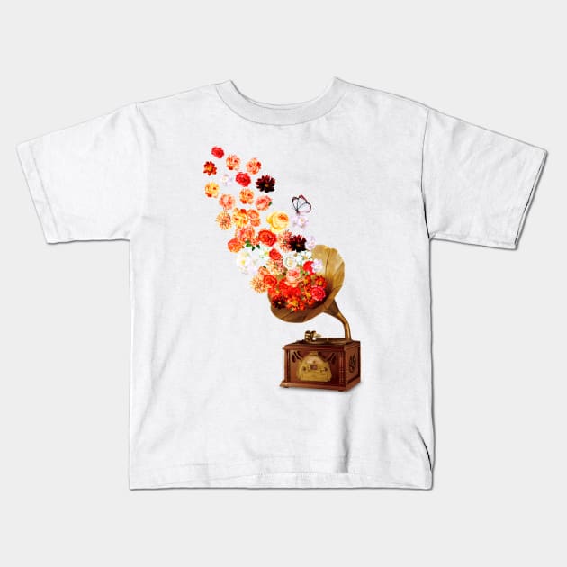 Galaxy Sound Retro record Player Collage Floral Kids T-Shirt by Vintage Dream